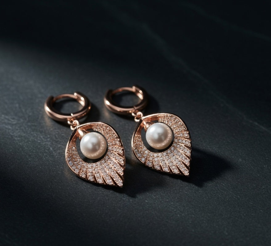 Rose Gold Pearl Leaf Drop Earrings | 925 Sterling Silver