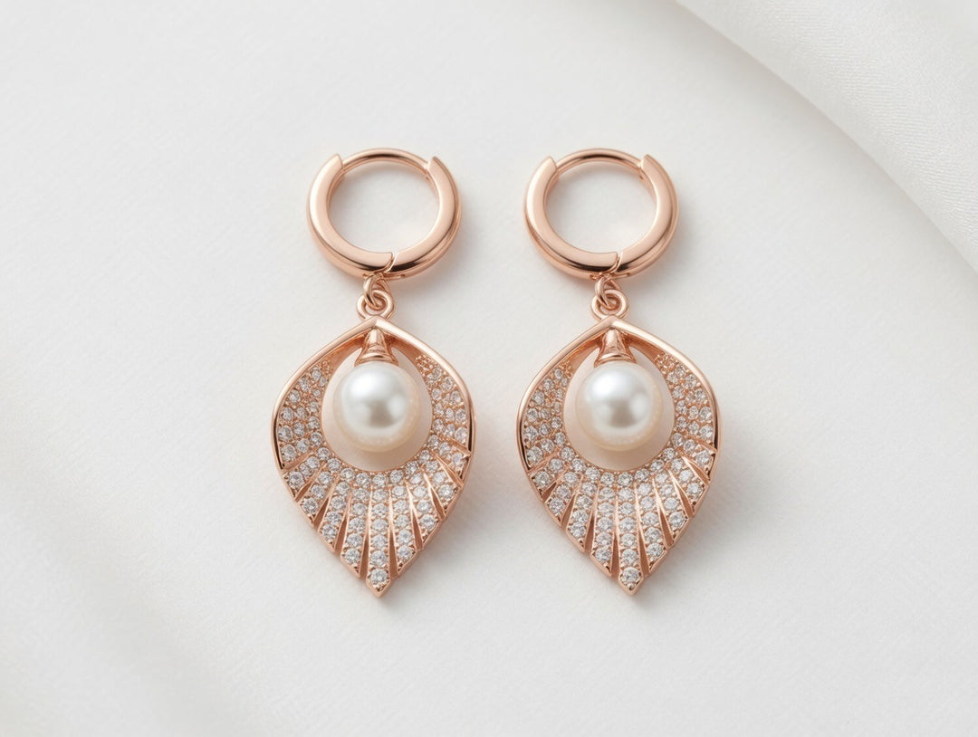 Rose Gold Pearl Leaf Drop Earrings | 925 Sterling Silver