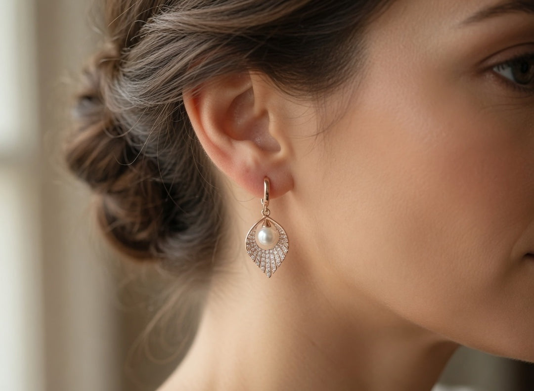 Rose Gold Pearl Leaf Drop Earrings | 925 Sterling Silver