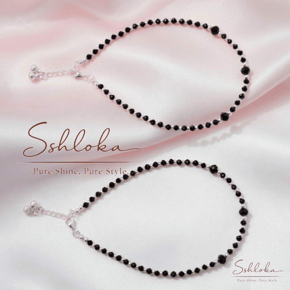 925 Silver Anklet in black moti