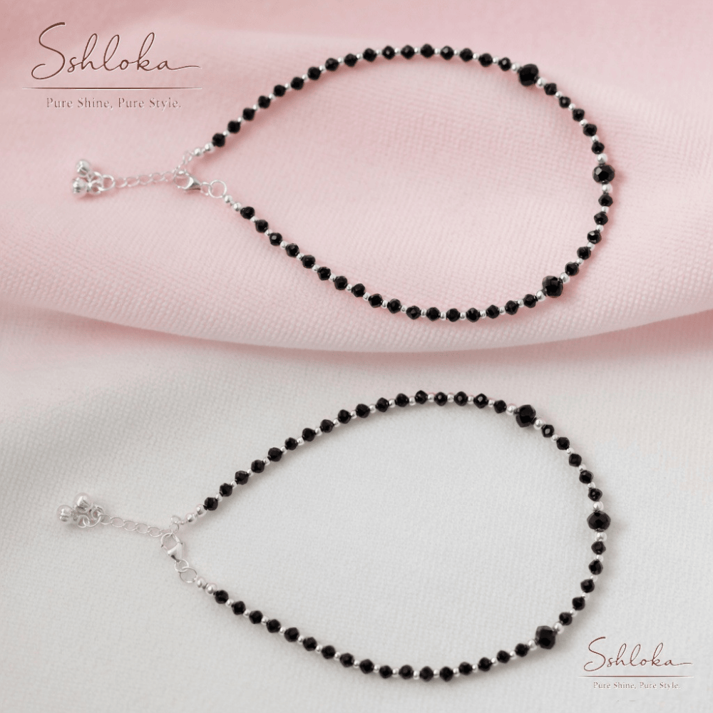 925 Silver Anklet in black moti
