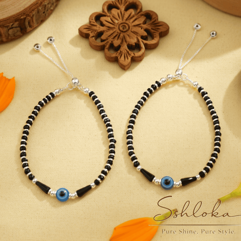 925 sterling silver beaded with black onyx stone handmade charm adjustable bracelet 'Nazariya'