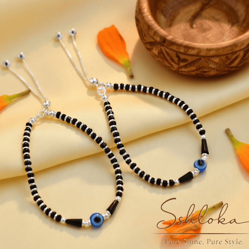 925 sterling silver beaded with black onyx stone handmade charm adjustable bracelet 'Nazariya'
